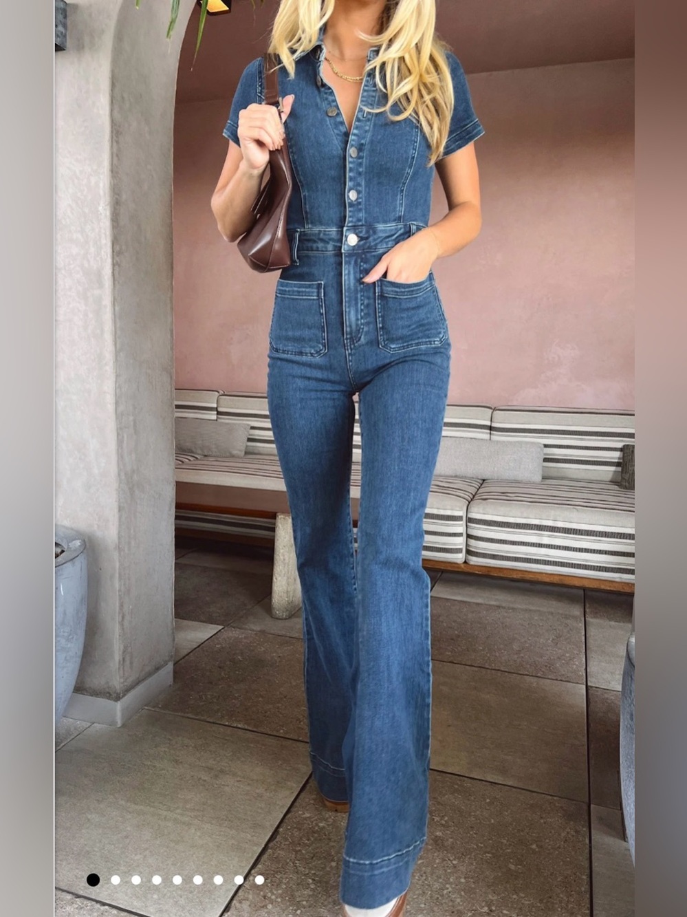 Show Me Your MuMu Blue Denim Short-Sleeve Flare Jumpsuit - everhart